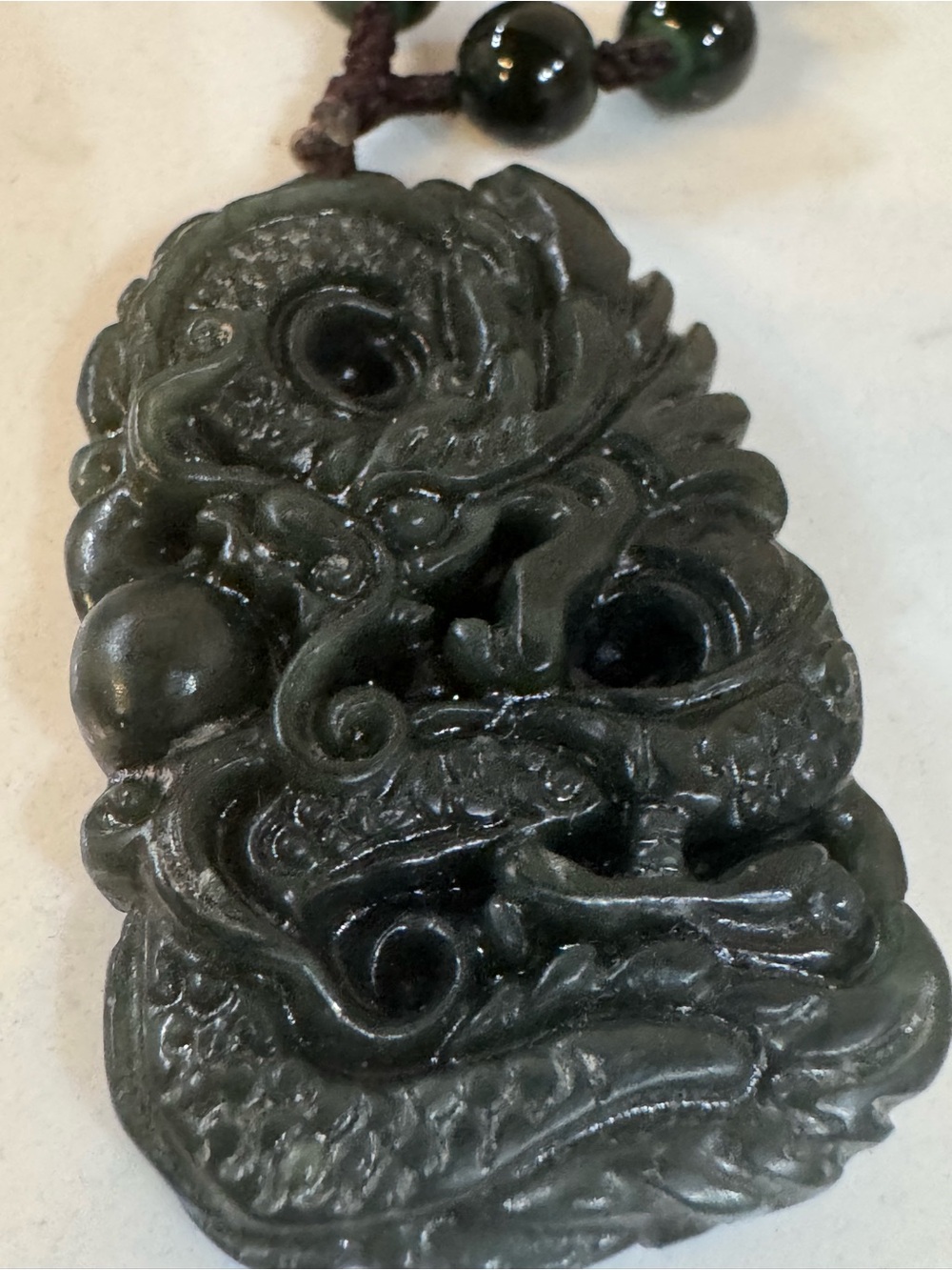 Obsidian Dragon Charm Pendant Necklace Beaded Handmade Carved Gemstone